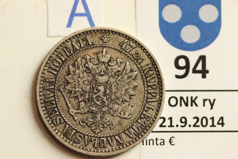 k-0094-a.jpg - Kohde 94 (kuva 1/2), lhthinta: 15 € / myyntihinta: 22 € 2 mk 1866 Ag, SNY 494.1, eprv, kunto: 5