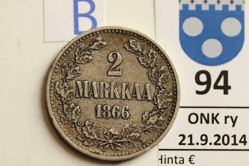 k-0094-b.jpg - Kohde 94 (kuva 2/2), lhthinta: 15 € / myyntihinta: 22 € 2 mk 1866 Ag, SNY 494.1, eprv, kunto: 5