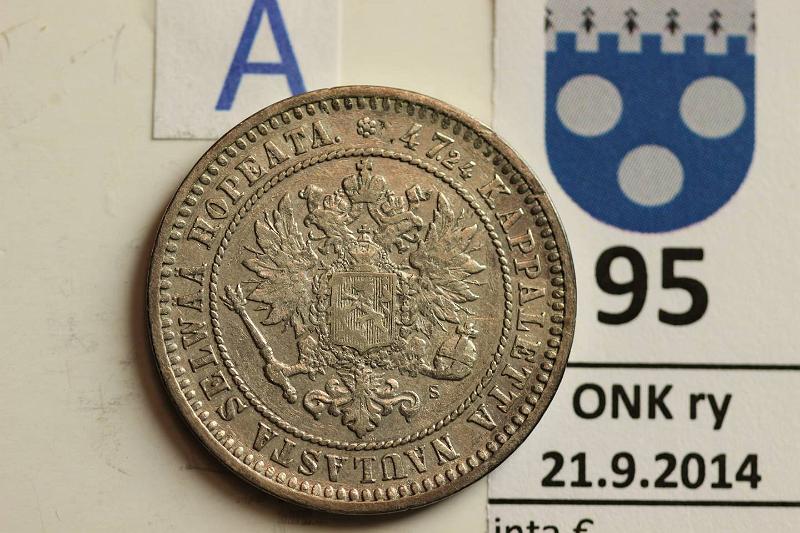 k-0095-a.jpg - Kohde 95 (kuva 1/2), lhthinta: 15 € / myyntihinta: 19 € 2 mk 1870 Ag, puhd, kunto: 5