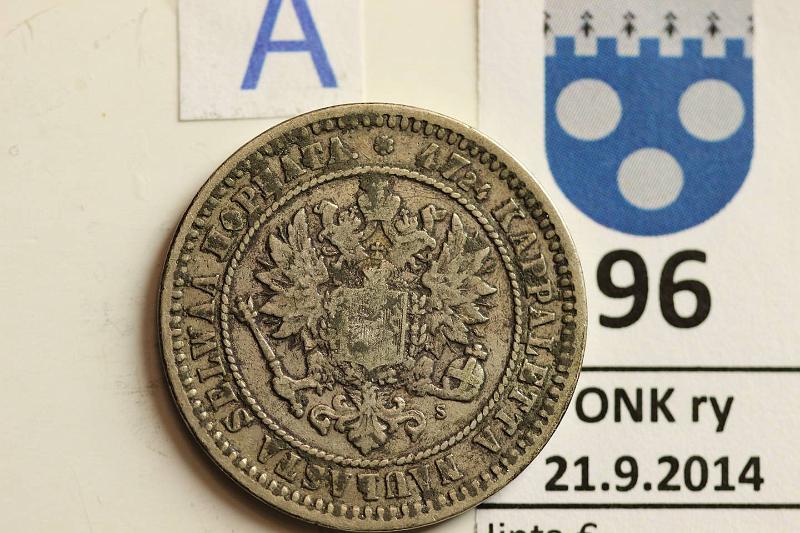 k-0096-a.jpg - Kohde 96 (kuva 1/2), lhthinta: 15 € / myyntihinta: 17 € 2 mk 1870 Ag, kunto: 4