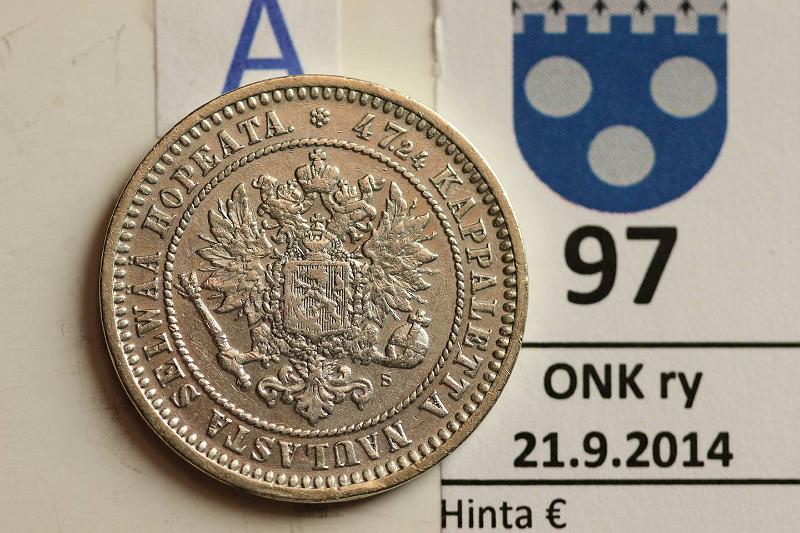 k-0097-a.jpg - Kohde 97 (kuva 1/2), lhthinta: 15 € / myyntihinta: 16 € 2 mk 1870 Ag, voim. puhd, kunto: 5