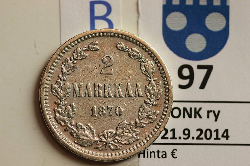k-0097-b.jpg - Kohde 97 (kuva 2/2), lhthinta: 15 € / myyntihinta: 16 € 2 mk 1870 Ag, voim. puhd, kunto: 5