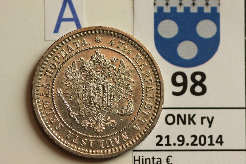 k-0098-a.jpg - Kohde 98 (kuva 1/2), lhthinta: 350 € / myyntihinta: 350 € 2 mk 1870 Ag, erit. kaunis, eprv, poikkeuksellinen kunto tlle v:lle!, kunto: 8