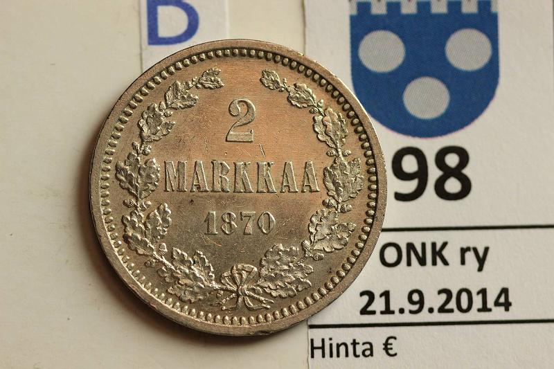 k-0098-b.jpg - Kohde 98 (kuva 2/2), lhthinta: 350 € / myyntihinta: 350 € 2 mk 1870 Ag, erit. kaunis, eprv, poikkeuksellinen kunto tlle v:lle!, kunto: 8