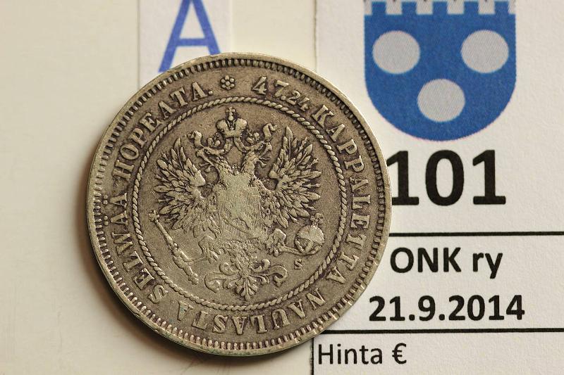k-0101-a.jpg - Kohde 101 (kuva 1/2), lhthinta: 12 € / myyntihinta: 16 € 2 mk 1874 Ag, kunto: 3