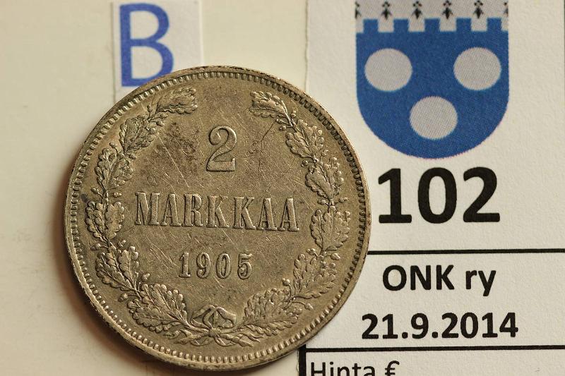 k-0102-b.jpg - Kohde 102 (kuva 2/2), lhthinta: 200 € / myyntihinta: 255 € 2 mk 1905 Ag, eprvja, kunto: 4/5