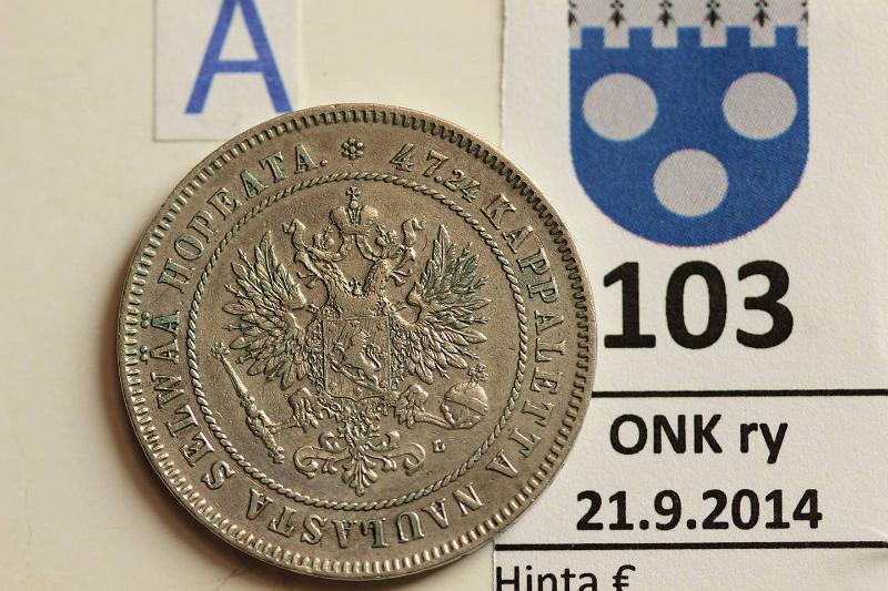 k-0103-a.jpg - Kohde 103 (kuva 1/2), lhthinta: 200 € / myyntihinta: 265 € 2 mk 1905 Ag, epij, kunto: 5