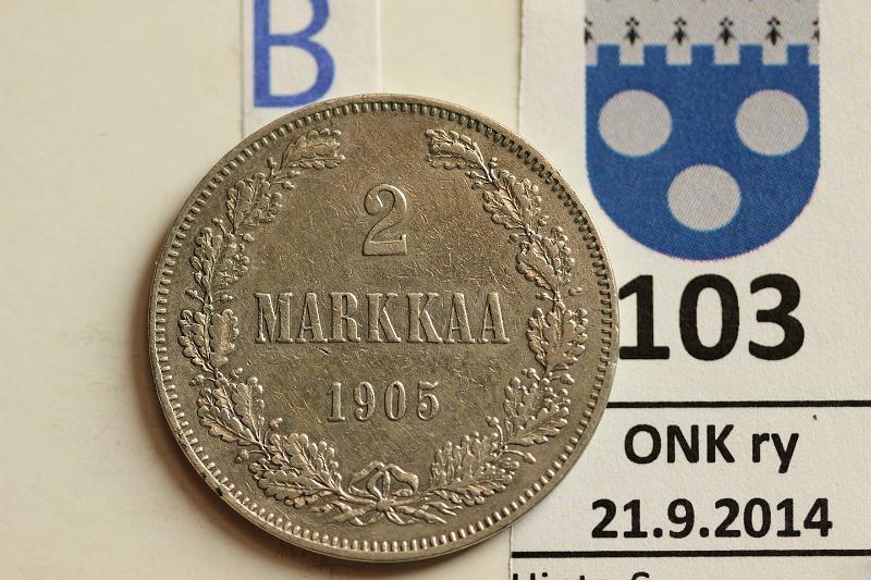 k-0103-b.jpg - Kohde 103 (kuva 2/2), lhthinta: 200 € / myyntihinta: 265 € 2 mk 1905 Ag, epij, kunto: 5