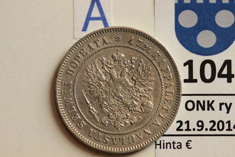 k-0104-a.jpg - Kohde 104 (kuva 1/2), lhthinta: 15 € / myyntihinta: 22 € 2 mk 1906 Ag, SNY 500.2, lyhyt /, kunto: 4