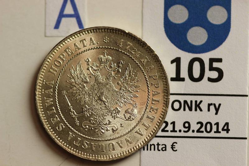 k-0105-a.jpg - Kohde 105 (kuva 1/2), lhthinta: 50 € / myyntihinta: 115 € 2 mk 1906 Ag, SNY 500.2, lyhyt /, hn, arvop. pieni matta-alue, hieno leimakiilto, loistelias!, kunto: 9/8