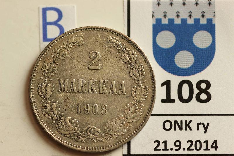 k-0108-b.jpg - Kohde 108 (kuva 2/2), lhthinta: 15 € / myyntihinta: 33 € 2 mk 1908 Ag, kunto: 6