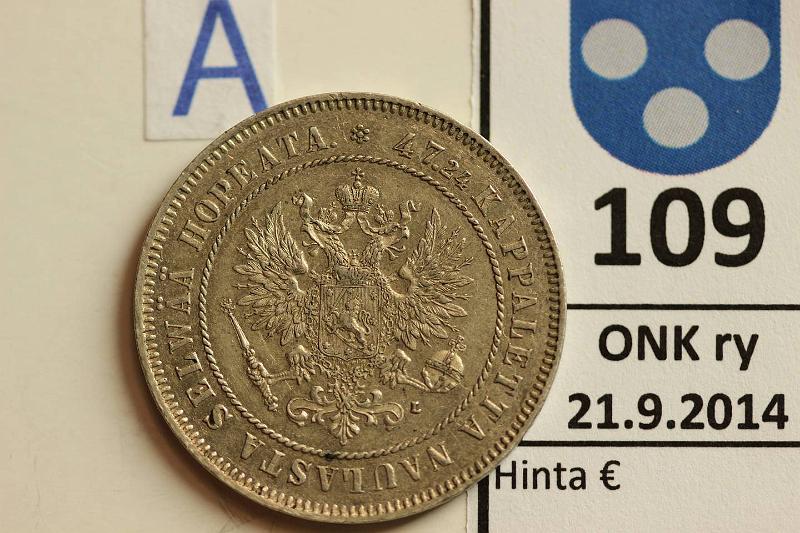 k-0109-a.jpg - Kohde 109 (kuva 1/2), lhthinta: 15 € / myyntihinta: 33 € 2 mk 1908 Ag, kunto: 7