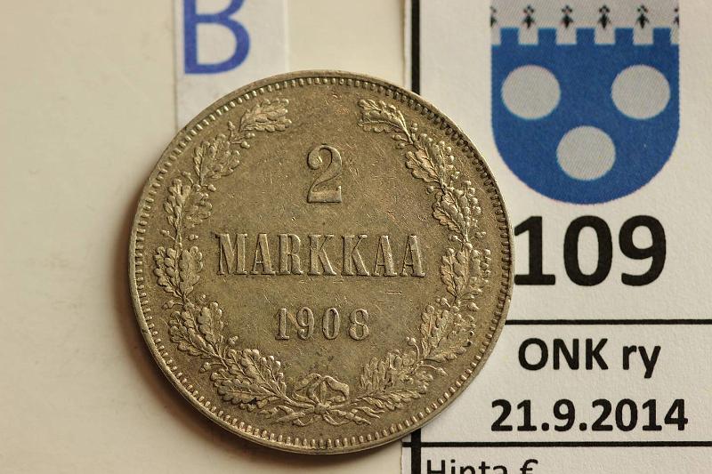 k-0109-b.jpg - Kohde 109 (kuva 2/2), lhthinta: 15 € / myyntihinta: 33 € 2 mk 1908 Ag, kunto: 7