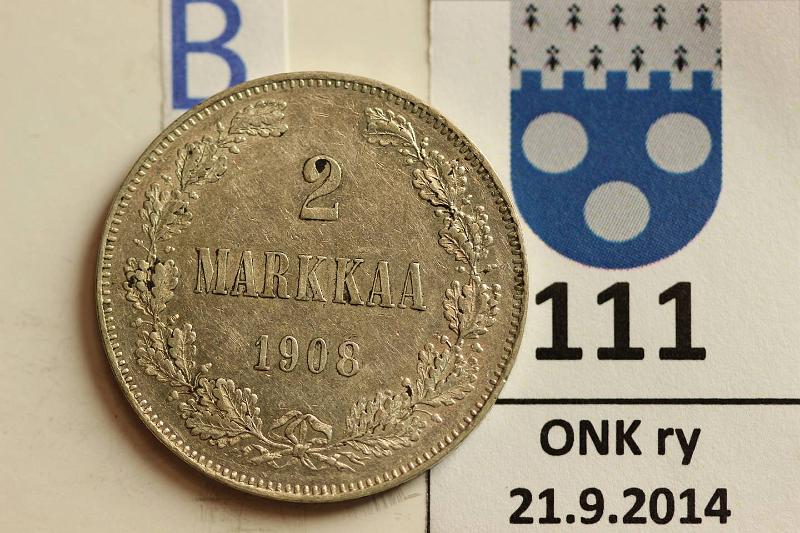 k-0111-b.jpg - Kohde 111 (kuva 2/2), lhthinta: 15 € / myyntihinta: 45 € 2 mk 1908 Ag, hnja, phpja, kaunis!, kunto: 7/8