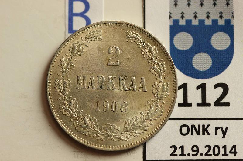 k-0112-b.jpg - Kohde 112 (kuva 2/2), lhthinta: 15 € / myyntihinta: 58 € 2 mk 1908 Ag, hnja, kaunis!, kunto: 8