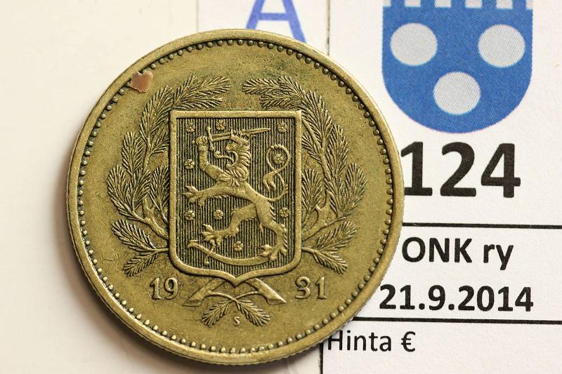 k-0124-a.jpg - Kohde 124 (kuva 1/2), lhthinta: 25 € / myyntihinta: 35 € 20 mk 1931, kunto: 4