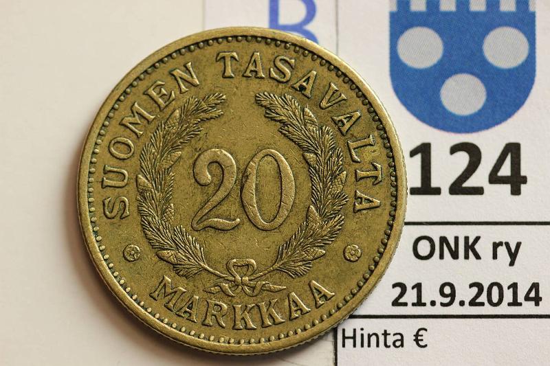 k-0124-b.jpg - Kohde 124 (kuva 2/2), lhthinta: 25 € / myyntihinta: 35 € 20 mk 1931, kunto: 4
