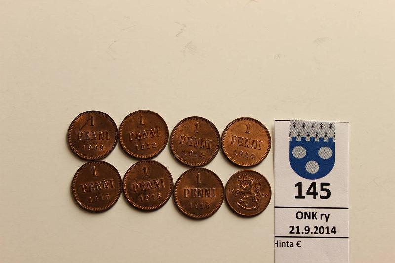 k-0145-a.jpg - Kohde 145, lhthinta: 8 € / myyntihinta: 23 € 1 p 1909-23 (8) Cu, 1909, 12, 14(2), 15, 16(2), 23. Leimakiilto, osassa phpja, kunto: 7-9