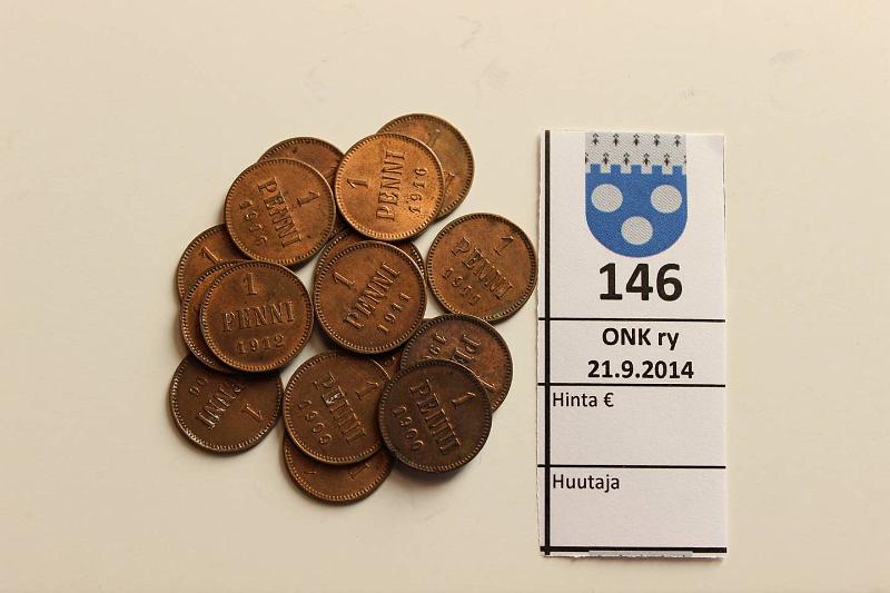 k-0146-a.jpg - Kohde 146, lhthinta: 5 € / myyntihinta: 22 € 1 p 1900-16 (17) Cu, 1900(3), 06, 09(2), 11(2), 12(3), 13, 14(3), 16(2), kunto: 5-8