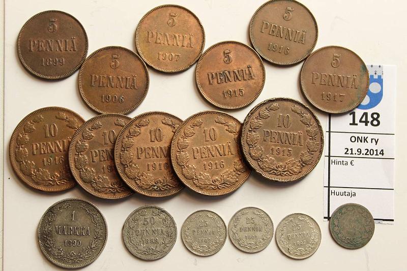 k-0148-a.jpg - Kohde 148, lhthinta: 16 € / myyntihinta: 34 € 5 p - 1 mk 1875-1917 (17) Ag, Cu. 5p 1899,1906, 07, 15, 16, 17; 10p 1915, 16(4); 25p 1875,1909(3); 50p 1889, 1mk 1890 (taip). Vikoja, osa puhd, kunto: vk