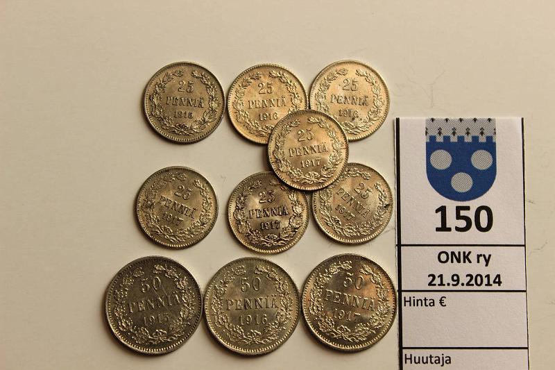 k-0150-a.jpg - Kohde 150, lhthinta: 5 € / myyntihinta: 26 € 25-50 p 1915-17 (10) Ag, 25p 1915, 16(2), 17I(2), 17II(2); 50p 1915, 16, 17I, kunto: 7-9