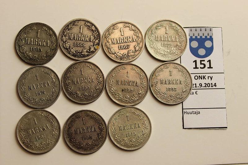 k-0151-a.jpg - Kohde 151, lhthinta: 70 € / myyntihinta: 155 € 1 mk 1865-1915 (11) Ag, kaikki vuodet, siistej, kunto: 4-7