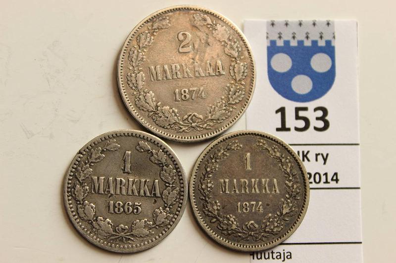 k-0153-a.jpg - Kohde 153, lhthinta: 20 € / myyntihinta: 28 € 1-2 mk 1865-74 (3) Ag, 1mk 1865 prv, 1874 eprv; 2mk 1874 rvja, kulumia, kunto: 3-4