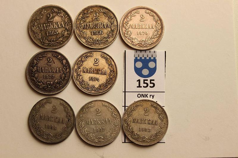 k-0155-a.jpg - Kohde 155, lhthinta: 100 € / myyntihinta: 150 € 2 mk 1865-1908 (8) Ag, 1865-1908, eri vuodet, ei 1905, kunto: 3-5