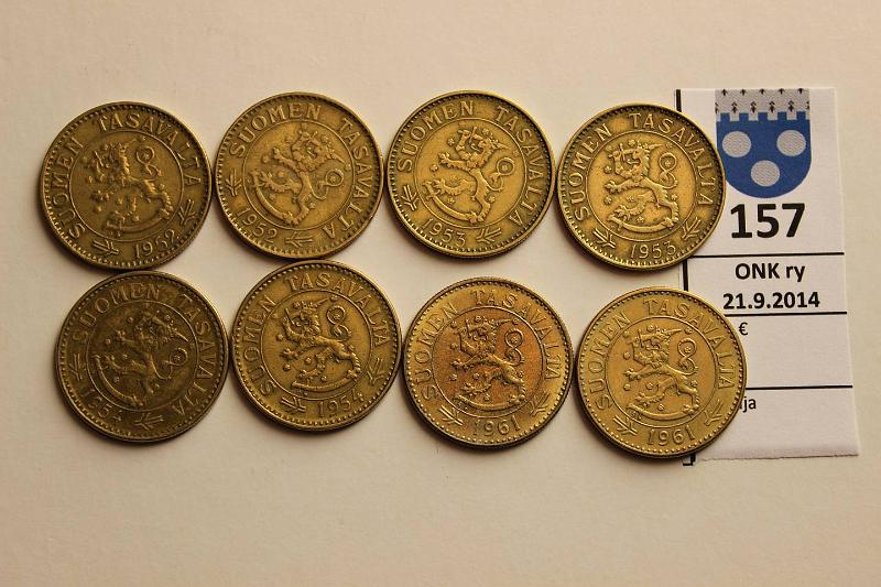 k-0157-a.jpg - Kohde 157, lhthinta: 5 € / myyntihinta: 17 € 50 mk 1952-61 (8) AlBr, 1952, 53, 54, 61. 2 kpl kutakin vuotta, kunto: 4-7