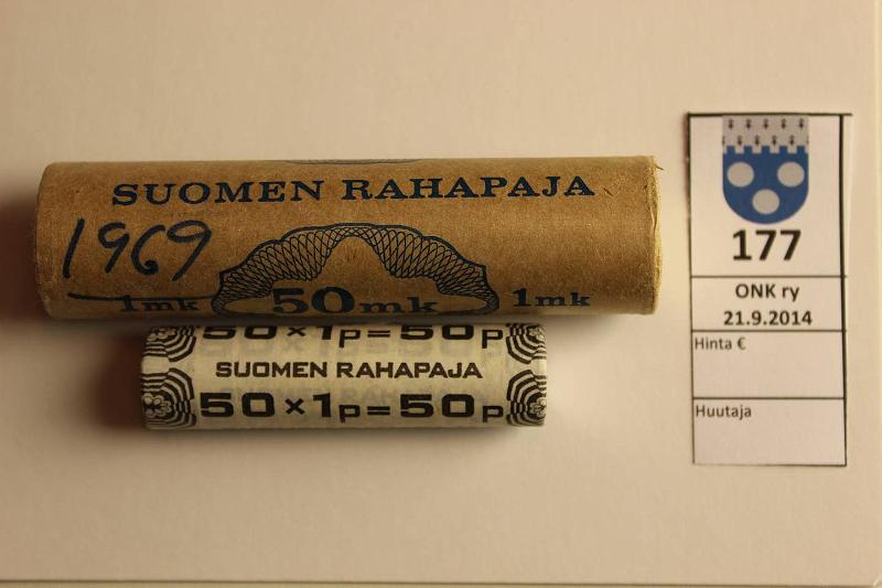 k-0177-a.jpg - Kohde 177, lhthinta: 30 € 1 mk ja 1 p 1969 Avaamattomat rullat, 1p Al ja 1mk CuNi, kr/kl, km, kunto: 9