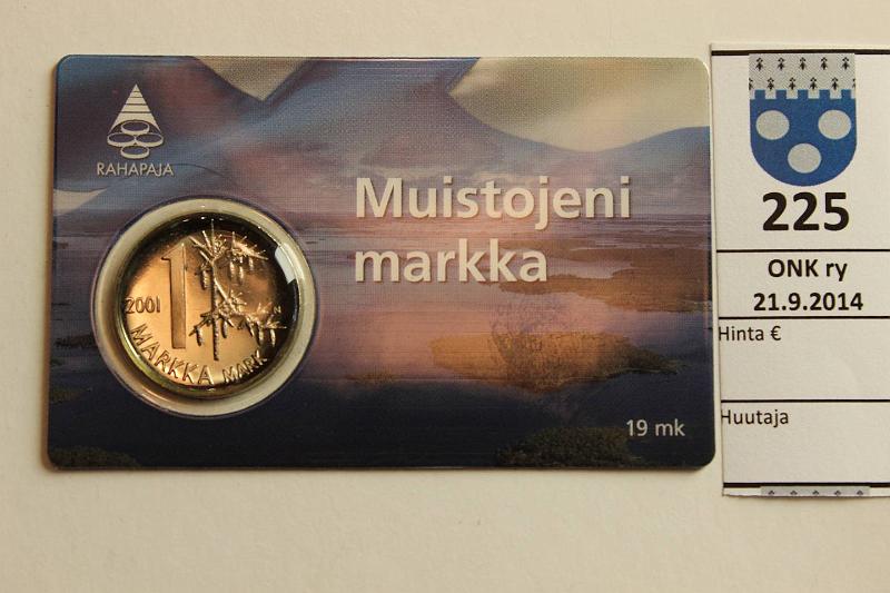 k-0225-a.jpg - Kohde 225, lhthinta: 3 € / myyntihinta: 3 € 1 mk 2001 Muistojeni markka, kortissa, kunto: 10