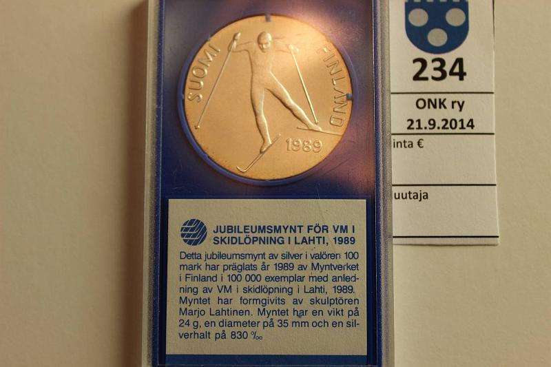 k-0234-a.jpg - Kohde 234, lhthinta: 14 € 100 mk 1989 Ag, BU, Lahti MM, alkup. kovamuovikot., kunto: 9