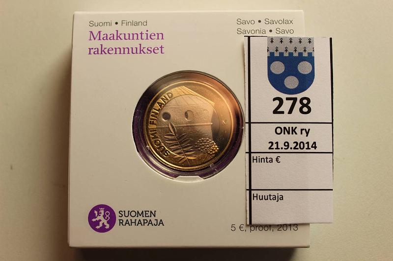 k-0278-a.jpg - Kohde 278, lhthinta: 8 € / myyntihinta: 11 € 5 € 2013 Proof, Maakuntien rakennukset: Olavinlinna, pahvirasiassa, kaps., kunto: 10