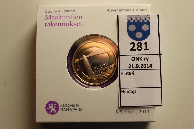 k-0281-a.jpg - Kohde 281, lhthinta: 8 € / myyntihinta: 8 € 5 € 2013 Proof, Maakuntien rakennukset: Slskr, pahvirasiassa, kaps., kunto: 10