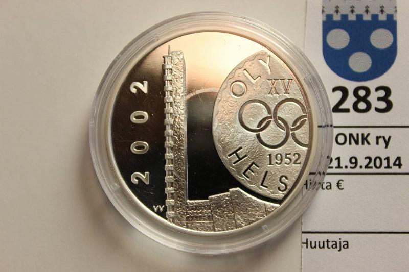 k-0283-a.jpg - Kohde 283, l�ht�hinta: 17 &euro; / myyntihinta: 19 &euro; 10 &euro; 2002 Ag, Proof, Helsingin Olympialaiset, kapseli, kunto: 10