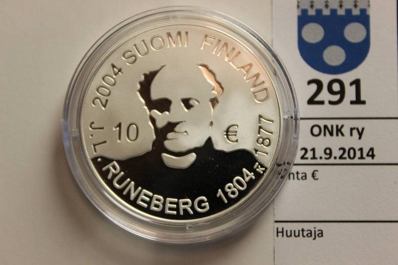 k-0291-a.jpg - Kohde 291, lhthinta: 17 € 10 € 2004 Ag, Proof, Runeberg, kapseli, kunto: 10