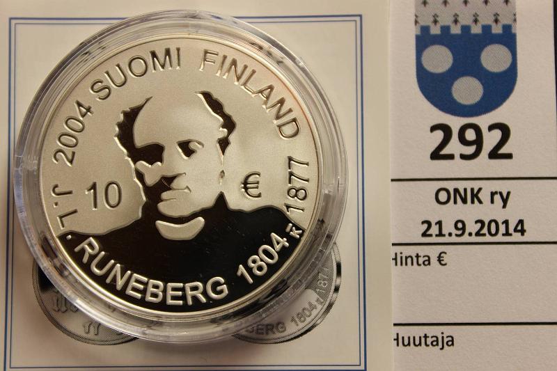 k-0292-a.jpg - Kohde 292, lhthinta: 17 € 10 € 2004 Ag, Proof, Runeberg, kapseli, muovikotelo, tod., kunto: 10