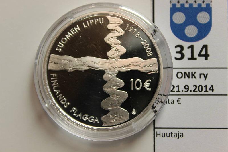 k-0314-a.jpg - Kohde 314, lhthinta: 18 € 10 € 2008 Ag, Proof, Suomen lippu 90 v, kapseli, kunto: 10