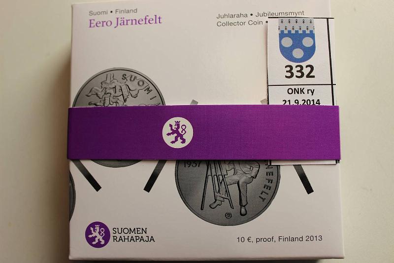 k-0332-a.jpg - Kohde 332, lhthinta: 20 € / myyntihinta: 40 € 10 € 2013 Ag, Proof, Jrnefelt pahvikotelo, kapseli, tod., kunto: 10