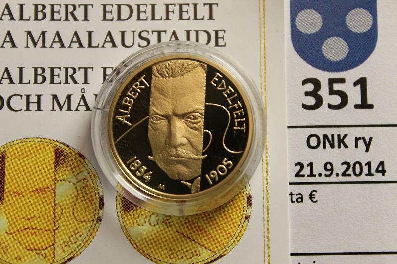 k-0351-a.jpg - Kohde 351, lhthinta: 180 € / myyntihinta: 200 € 100 € 2004 Au, Proof, 8,64g/900, Edelfelt, puukotelo, tod., kunto: 10