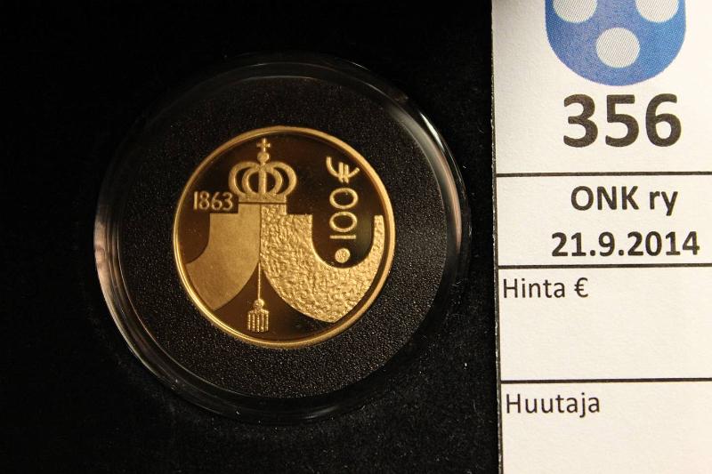 k-0356-a.jpg - Kohde 356, lhthinta: 180 € / myyntihinta: 235 € 100 € 2013 Au, Proof, 5,65g/917, Valtiopivt 1863, puukotelo, tod., kunto: 10