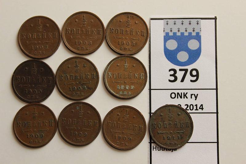 k-0379-a.jpg - Kohde 379, lhthinta: 3 € / myyntihinta: 11 €  kop (10) 1908-11 Y#48.1 k 1908(3), 1909(6), 1911, kunto: 4-6