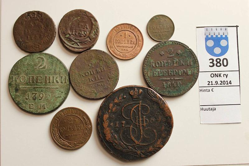 k-0380-a.jpg - Kohde 380, lhthinta: 5 € / myyntihinta: 9 € -5 kop (9) 1731-1915 KM#188, Y#48, 9.2, C#95, 145, Y#10, C#59.3 k 1731, 49; 1913; 1k-11; 2k ei luettavissa, 1799, 1840, 1915; 5k 1769, kunto: 2-7