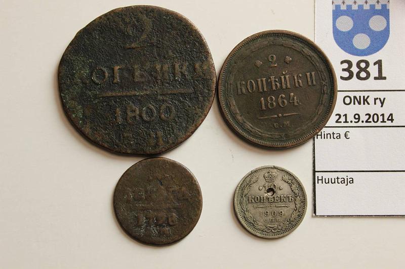 k-0381-a.jpg - Kohde 381, lhthinta: 5 € / myyntihinta: 5 €  ja 2 kop (4) 1798-1864 C#92.1, 95.3 k 1798 AM; 2k 1800 EM, -64 EM (+hopeinen pilattu raha), kunto: 1-3