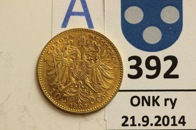 k-0392-a.jpg - Kohde 392 (kuva 1/2), lhthinta: 100 € / myyntihinta: 160 € Itvalta 10 cor 1896 KM#2805 Au, Frans Joseph, 3,39g/900, Pieni painos 21100, kapseli, kunto: 8