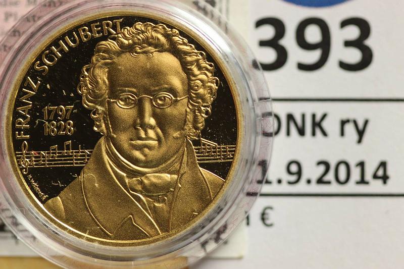 k-0393-a.jpg - Kohde 393, lhthinta: 200 € / myyntihinta: 211 € Itvalta 500 sch 1987 KM#3040 Au, Proof, 8g/995, F. Schubert, puulaatikko, kunto: 10