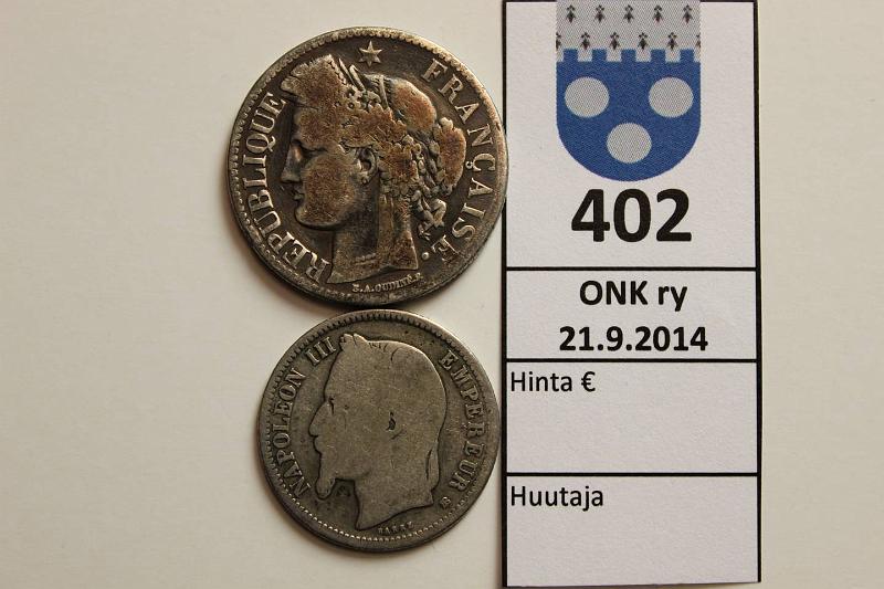 k-0402-a.jpg - Kohde 402, lhthinta: 10 € / myyntihinta: 10 € Ranska 1+2 fr 1870 (2) KM#806,817 Ag, Napoleon III:n ja Tasavallan frangit samalta vuodelta, kunto: 2,3