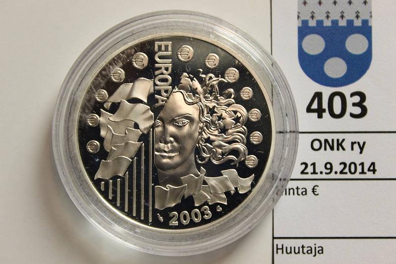 k-0403-a.jpg - Kohde 403, lhthinta: 14 € Ranska 1 € 2003 KM#1338 Ag, Proof, 22,2g/900, Europa, kapseli, kunto: 10