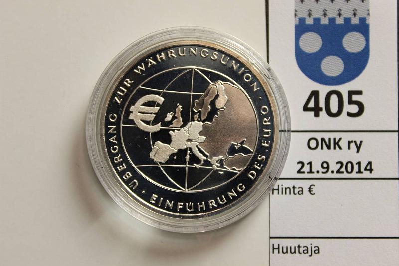 k-0405-a.jpg - Kohde 405, lhthinta: 14 € / myyntihinta: 14 € Saksa F 10 € 2002 KM#215 Ag, Proof, 18g/925, Saksan 1. hopeaeuro, kapseli, kunto: 10