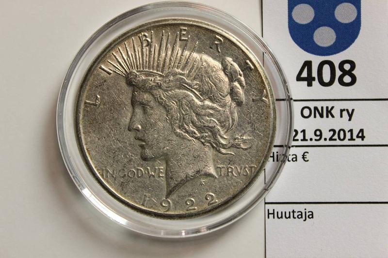 k-0408-a.jpg - Kohde 408, l�ht�hinta: 21 &euro; USA 1 USD 1922 KM#150 Ag, 26,73g/900, Peace, kapseli, kunto: 5